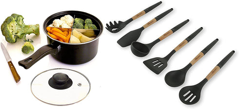 Silicone Cooking Utensils Set (6 pcs): Natural Wood Kitchen Utensils Eco Friendly & BPA Free, Non Scratch & Non Stick Easy Grip Cooking Tools