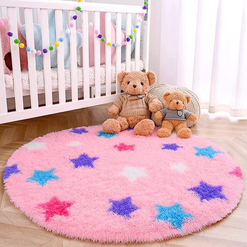RUGICI Pink Round Rug for Girls Bedroom, Fluffy Circle Rugs for Kids Room, Fuzzy Shaggy Area Rug, Furry Star Play Mat for Princess Tent, Nursery Rug for Baby Teen Girls Room Decor, 4 ft