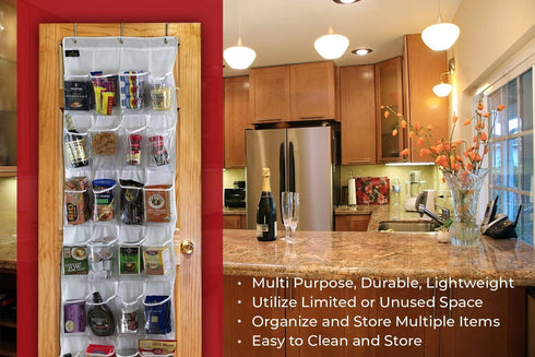 Regal Bazaar Over-The-Door Hanging White Pantry Organizer and Kitchen Storage Unit with 24 Crystal-Clear Vinyl Pockets and 3 Metal Hooks