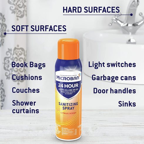 Microban Disinfectant Spray, 24 Hour Sanitizing and Antibacterial Spray, Sanitizing Spray, Citrus Scent, 2 Count (15 fl oz Each) (Packaging May Vary)