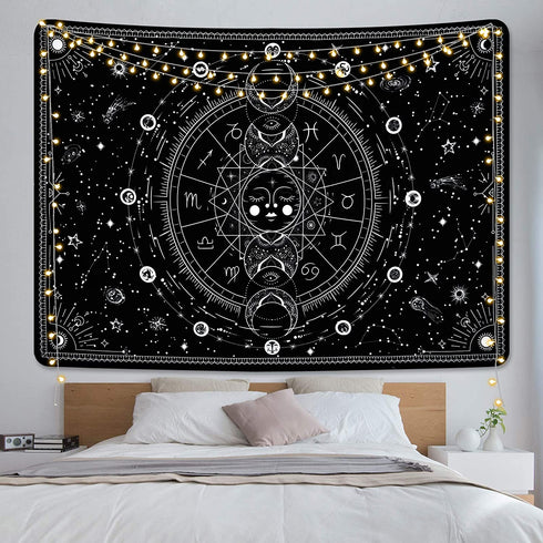 Sun and Moon Tapestry Black and White Tapestries Stars Starry Wall Tapestry Constellation Tapestry Black Tapestry Wall Hanging for Room Wall Decor (59.1 — 82.7 inches)