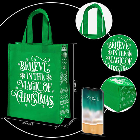 Whaline 12 Pack Christmas Non-Woven Gift Bags Christmas Tote Bags with Handles Red Green Snowflakes Xmas Tree Grocery Bag Reusable Party Treat Goodie Bags for Holiday Party Favors, 12.2" x 9.8" x 4.5"