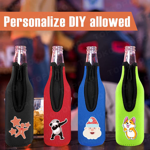 Beer Bottle Insulator Sleeve Different Color. Zip-up Bottle Jackets. Keeps Beer Cold and Hands Warm. Classic Extra Thick Neoprene with Stitched Fabric Edges, Enclosed Bottom, Perfect Fit (Pack-of-12)