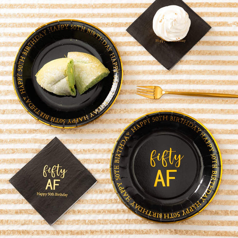 Crisky 50th Birthday Plates Black and Gold Dessert, Buffet, Cake, Lunch, Dinner Plates for 50th Birthday Decorations Party Supplies, Fifty , Happy 50th Birthday! 50 Count, 9" Plate