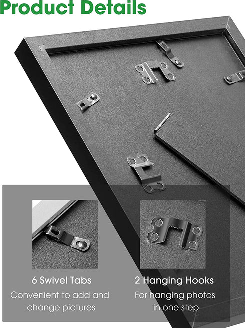 Puroma 8x10 Inches Picture Frame Set of 6, 5x7'' or 4x6'' with Mat Tempered Glass Composite Wood Photo Frames for Wall Mounting or Tabletop for Home Wall and Office Desktop (Black & White & Gray)