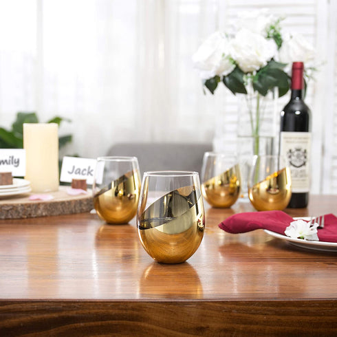 MyGift Modern Brass Accent Stemless Wine Glass Set, Red Wine Glasses Set of 4