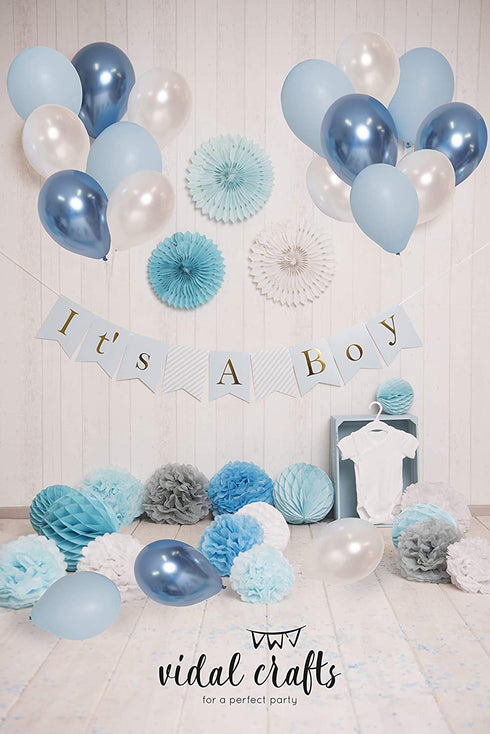 VIDAL CRAFTS Baby Shower Decorations for Boy, Its a Boy Banner, Complete Party Decor Kit, Paper Fans, OH BABY Foil and Latex Balloons, Tissue Paper Pom Poms, Honeycomb Balls, Party Supplies for Boys
