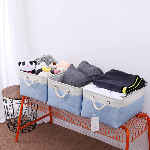 Fabric Storage Basket Set of 3, Foldable Linen Storage Box for Nursery and Home, Collapsible Canvas Shelf Basket for Wardrobe or Bedroom, Blue and White