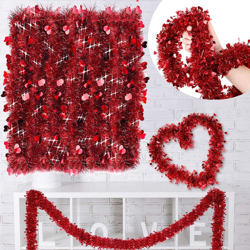 Valentines Day Red Heart Tinsel Garland, 39.3 ft Valentines Decor, Red Shiny Garland, Hanging Metallic Tinsel Ornaments, Valentines Day Decorations for Tree Wreath Wedding Party Decoration Supplies