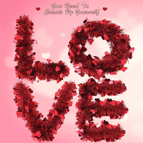 Valentines Day Red Heart Tinsel Garland, 39.3 ft Valentines Decor, Red Shiny Garland, Hanging Metallic Tinsel Ornaments, Valentines Day Decorations for Tree Wreath Wedding Party Decoration Supplies