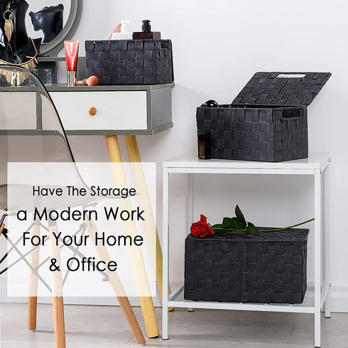 TheWarmHome 3-in-1 Woven Baskets for Storage With Lid,Nylon Strap Organizer Bins With Built-in Handles Stackable Baskets for Shelves Living Room Office Makeup Keys Toys Shirts Organization(Dark Grey, Set of 3)