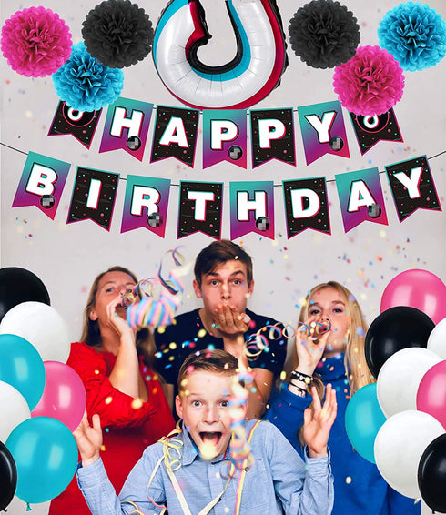 TIK TOK Birthday Party Decorations Kit,TIK TOK Party Supplies,Music Party. Included Happy Birthday Banner, Foil balloons,Latex Balloons and paper tissue pom poms for Boys Girls