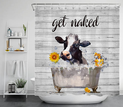 ECOTOB Get Naked Cow Shower Curtain, Funny Farmhouse Cow with Sunflower Yellow Duck in Bubble Bathtub Shower Curtain Decor Cute Cattle Pattern on Rustic Wood Fabric Bath Curtain with Hooks, 72X72 inch