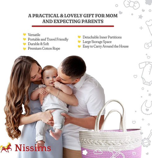 Baby Diaper Caddy Organizer Basket for Changing Table - Large Compact and Portable Woven Cotton Rope and Canvas Nursery Basket with 3 Divisions - Unisex Stylish GrayWhite - 14x8.5x7 Inches