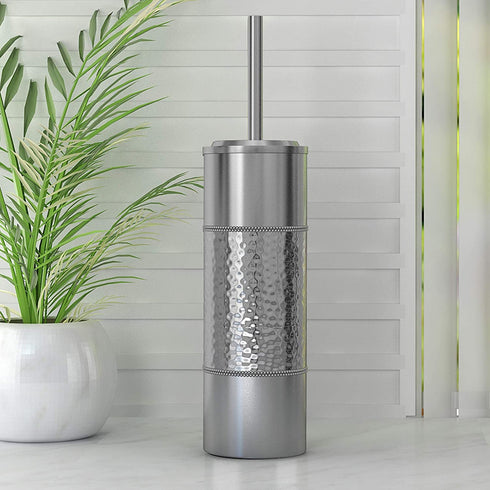 nu steel Hammer Detail Stainless Steel Toilet Brush with Covered Metal Case Finish Comes with a Complete Plastic Liner Inside to Prevent Dripping, Silver