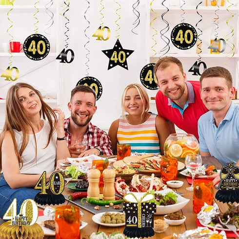 40th Birthday Decorations, 17 Pieces 40th Birthday Honeycomb Table Centerpieces and Hanging Swirl Happy 40th Birthday Party Decorations Cheer 40 Years Table Toppers for Men and Women