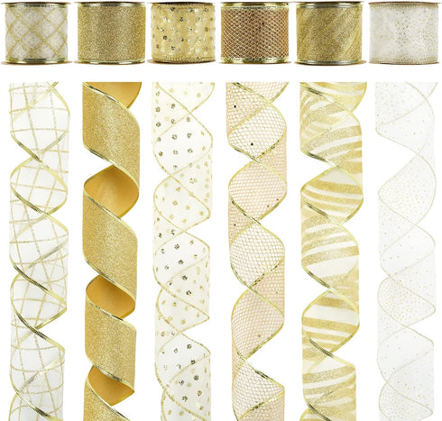 MEEDEE Gold Ribbon 2.5 Inch Christmas Ribbon 6 Rolls 36 Yards Organza Sheer Ribbon Mesh Ribbon Metallic Glitter Decorating Gift Wrapping Ribbon Bow Perfect for A Tree Topper Wreath Mailbox Swag