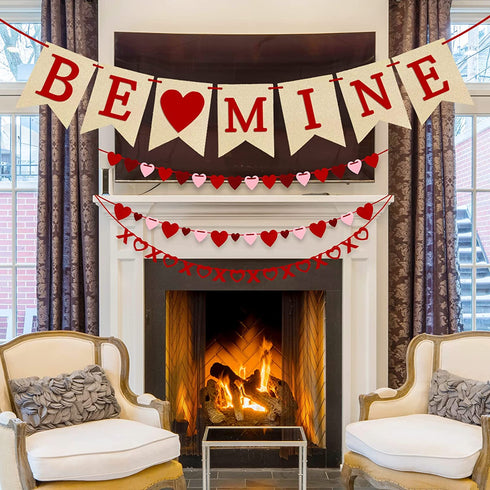 4Pcs Valentines Day Decorations Valentine's Day Decor Set No DIY Required Felt BE MINE Love Heart XO Garlands Banner for Home Classroom Office Wedding Party Anniversary