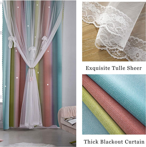 Yancorp Curtains for Girls Bedroom Kids Curtain Hollow-Out Star Window Drapes Curtain 63 inches Length Room Darkening Grommet 2 Layers (Baby Pink Blue, W52 X L63)
