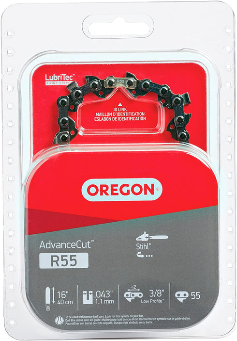 Oregon R55 AdvanceCut Chainsaw Chain for 16-Inch Bar -55 Drive Links low-kickback chain fits several Stihl models