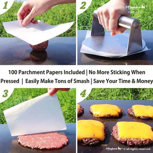 Meykers Burger Smasher 6.3" Smash Press Hamburger & 100 Patty Paper | for Griddle Grill Pan Skillet | Weight Gain Flat Presser Smashburger Maker 304 Stainless Steel | Meat Bacon Sandwich Tool Kit