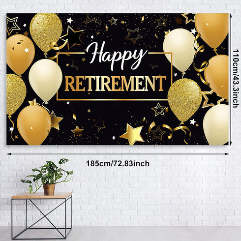 Happy Retirement Party Decorations Supplies Banner Balloons Fabric Retirement Sign Banner and 50piece Balloon Photo Booth Backdrop Set for Women and Men 72.8x 43.3 Inch Gold Black