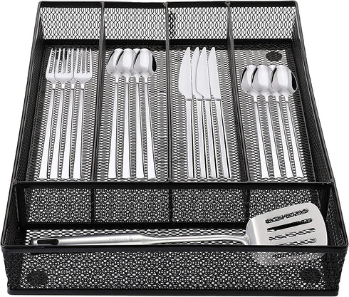 Cedilis Cutlery Tray, 5 Compartments Flatware Organizers, Metal Kitchen Utensil Drawer Silverware Tray, The Mesh Collection for Knives Spoons Forks with 4 Foam Feet, Black