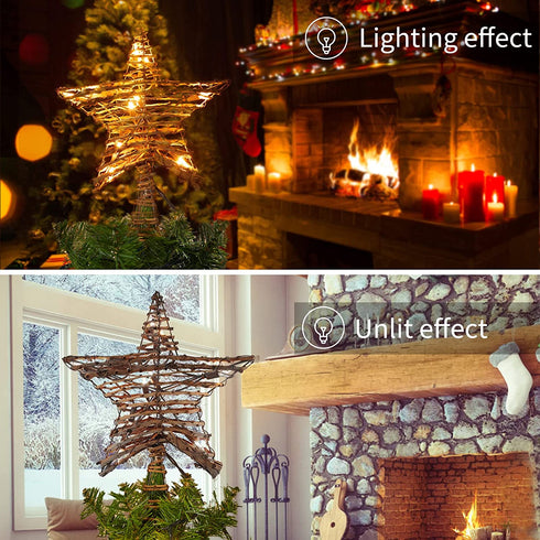 Christmas Star Tree Topper,12" Rattan 3D Star Tree Topper Plug in Metal Hollow Designed Built in 10 Bulbs String Lights for Indoor Office Xmas Christmas New Year Holiday Tree Decoration
