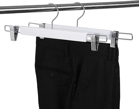 Amber Home 14.17" Solid White Wooden Pant Skirt Hangers 10 Pack, Bottom Hangers for Slacks Trousers Jeans with 2-Adjustable Anti-Rust Clips (White, 10 Pack)