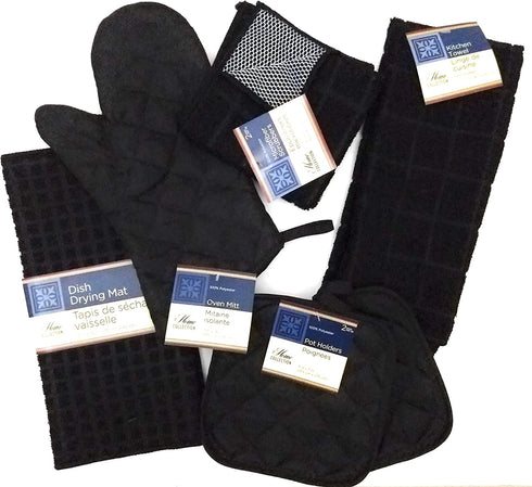 Kitchen Towel Set with 2 Quilted Pot Holders, Oven Mitt, Dish Towel, Dish Drying Mat, 2 Microfiber Scrubbing Dishcloths (Black)