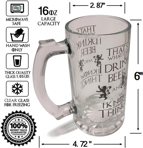 That's What I Do I Drink Beer & I Know Things - Large 16oz Beer Mug - Game of Thrones Inspired - Thick Clear Glass - Perfect Gift