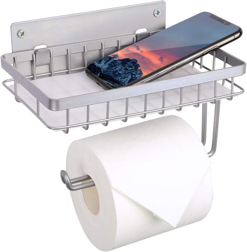 Toilet Paper Holder with Shelf, LKKL Toilet Tissue Paper Holder Wall Mounted, Bathroom Toilet Paper Roll Holder Storage, Bathroom Accessory Tissue Roll Dispenser and Shelf - Silver