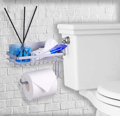 Toilet Paper Holder with Shelf, LKKL Toilet Tissue Paper Holder Wall Mounted, Bathroom Toilet Paper Roll Holder Storage, Bathroom Accessory Tissue Roll Dispenser and Shelf - Silver