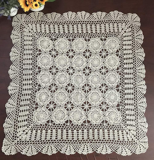 Hetao 100% Cotton Handmade Crochet Square Tablecloth Doilies Lace Table Covers ,Beige, 31 Inch