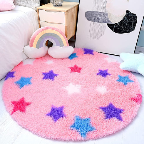 RUGICI Pink Round Rug for Girls Bedroom, Fluffy Circle Rugs for Kids Room, Fuzzy Shaggy Area Rug, Furry Star Play Mat for Princess Tent, Nursery Rug for Baby Teen Girls Room Decor, 4 ft