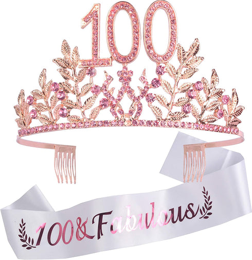 100th Birthday Gifts for Women, 100th Birthday Tiara and Sash, 100 Fabulous Sash and Crystal Tiara, 100th Birthday Decorations for Women, 100th Birthday Party Supplies, Happy 100th Birthday