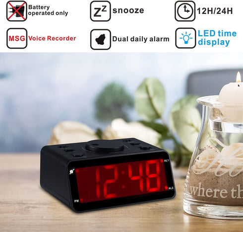 Battery Operated Only Cordless LED Electronic Alarm Clock with Clear Voice Recording Alarm,1.2 inch Red Numbers Display