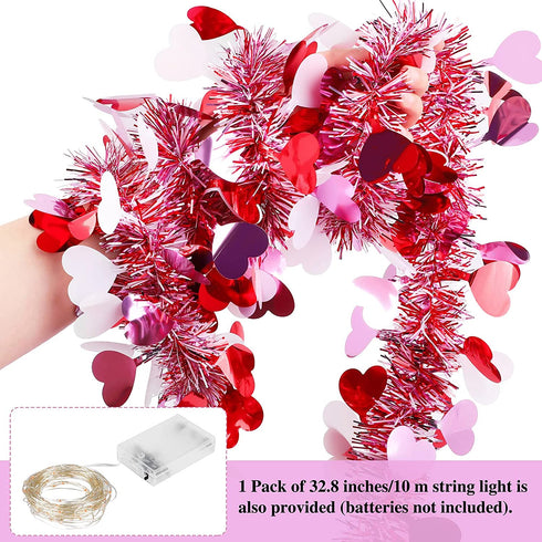 Fovths 32.8 Feet Valentines Tinsel Garland Metallic Tinsel Twist Garland with Red String Lights Valentines Tree Hanging Garland Decoration for Valentine Indoor Outdoor Decorations (Red, Pink, White)