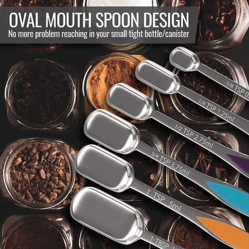 13-Piece Measuring Cups and Spoons Set - Stainless Steel Measuring Cups and Oval-Shaped Measuring Spoon - New Spring-Type Ring with No Sharp Edges - Non-Slip Silicone Grip Handles - Heavy-Duty