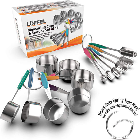 13-Piece Measuring Cups and Spoons Set - Stainless Steel Measuring Cups and Oval-Shaped Measuring Spoon - New Spring-Type Ring with No Sharp Edges - Non-Slip Silicone Grip Handles - Heavy-Duty
