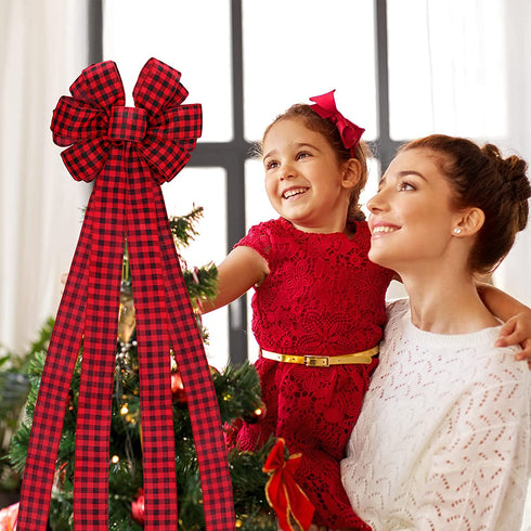 Buffalo Plaid Bow Christmas Buffalo Plaid Wreath Bow Tree Bow Xmas Tree Topper Hat with Card Christmas Tree Top Ornaments for Christmas Tree Front Door Wreath Xmas Decor (Black and Red)