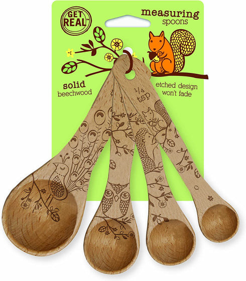 Talisman Designs Laser Etched Beechwood Measuring Spoons | Set of 4 | Woodland Design | Natural, Wooden Set, | Cute & Functional Kitchen Tools
