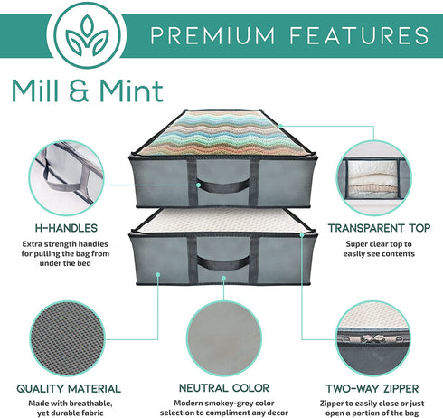 Undercover Cubes 3 Large Underbed Storage Bags + 1 Organizer Bin Foldable Under Bed Storage Containers for Clothes, Blankets, Toys & Shoes by Mill & Mint, Gray
