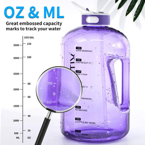 1 Gallon Water Bottle with Straw, Motivational Large Water Bottle with Time Marker, Big Clear Transparent Water Kettle Purple 128oz Water Bottles, Water Jug for Sports Water Bottle BPA Free