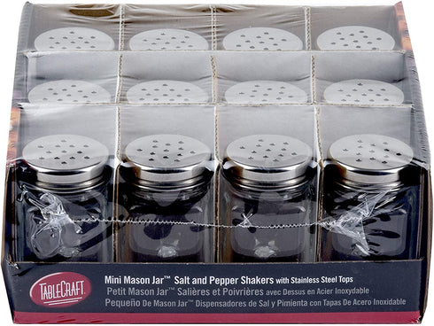 Tablecraft Mini Mason Salt & Pepper Shaker with Stainless Steel Top, 12 per Pack, 1.5 oz