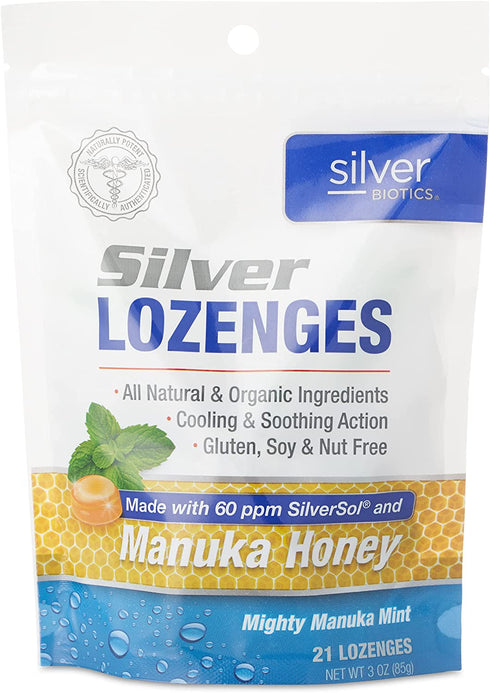 American Biotech Labs - Silver Biotics - Colloidal, Silver Lozenges - Made With 60 Ppm Silversol Technology And Made With Best Honey Manuka - 21 Count Bag