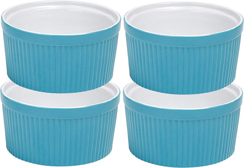 Set of 4 Bake And Serve Ceramic 12 Oz Souffle Dish Oven Safe Oven To Table Ramekins for Desserts Snacks Appetizers Casserole Creme Brulee, Teal