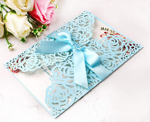 PONATIA 25PCS/Lot 250GSM 5.12 x 7.1'' Laser Cut Hollow Rose with Blue Ribbons Wedding Invitations Cards for Wedding Bridal Shower Engagement Birthday Graduation Invite (Blue)
