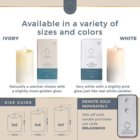 Simply Collected Flickering Flameless Candles Battery Operated with Timer, 800+ Hours Realistic 3D Moving Flame, Battery Candles, Electric LED Candle, Real Wax Pillar, Unscented | White - 3x5 Inches