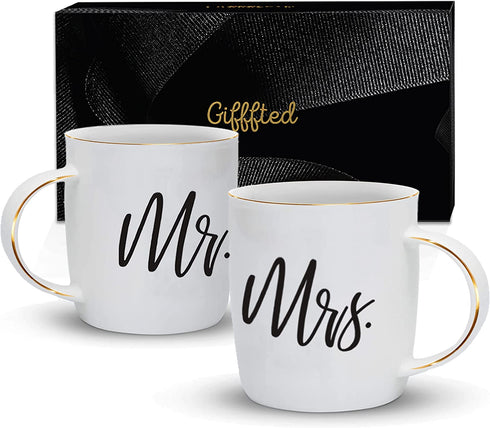 Triple Gifffted Mr and Mrs Coffee Mugs Gifts, For Wedding, Anniversary, Engagement, Present For Couples, Women, Bride Groom, Christmas, Bridal Shower, Valentines, His and Her Set, Couple Mug Gift